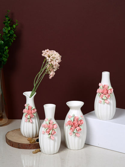 White & Pink 4 Pieces Textured Rose Ceramic Flower Vases