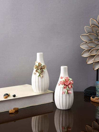 2 Pieces White & Beige Textured Ceramic Flower Vases