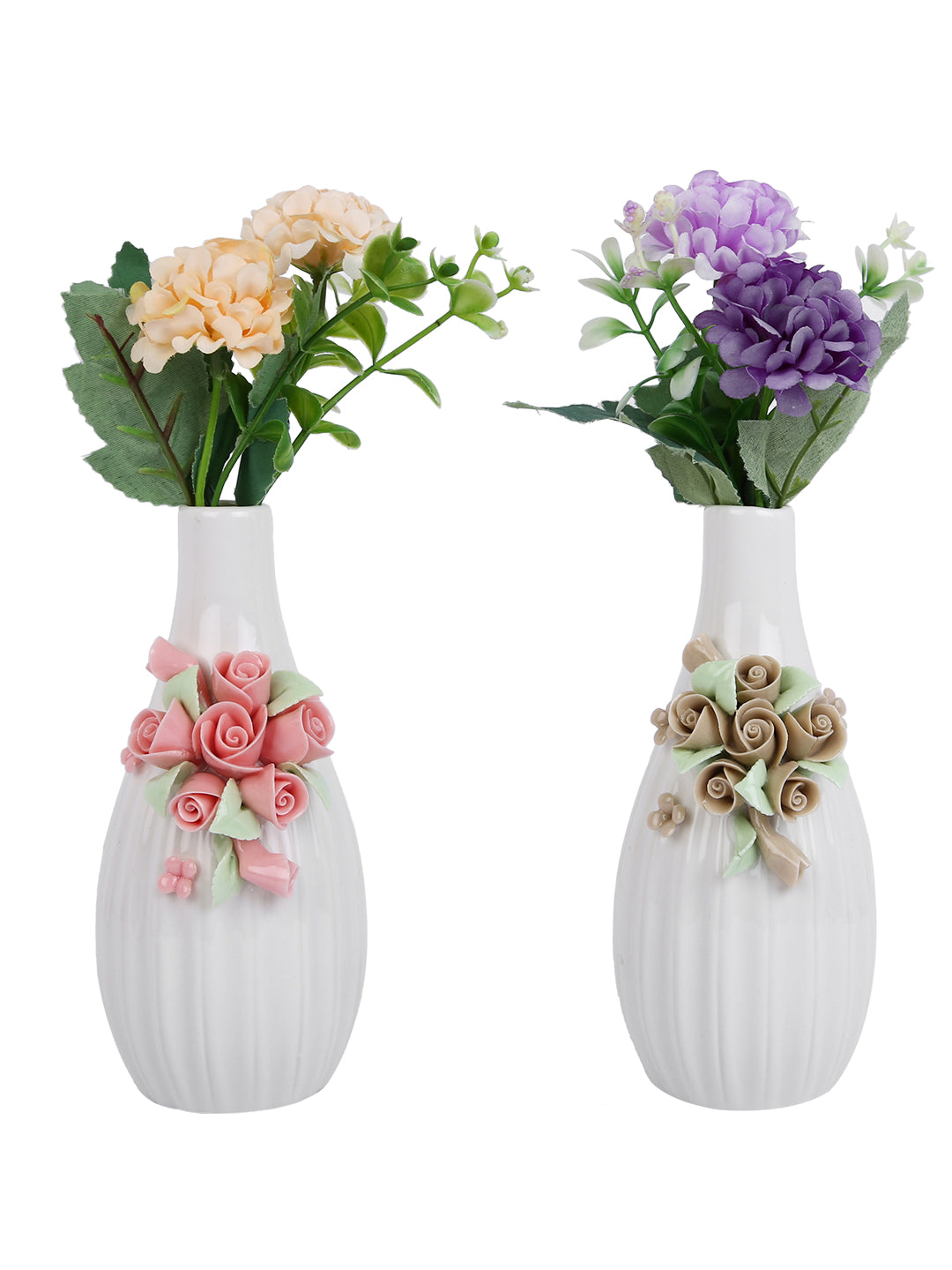 2 Pieces White & Beige Textured Ceramic Flower Vases
