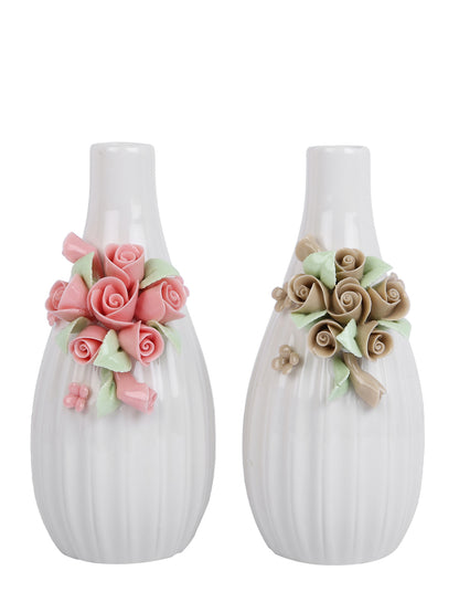 2 Pieces White & Beige Textured Ceramic Flower Vases