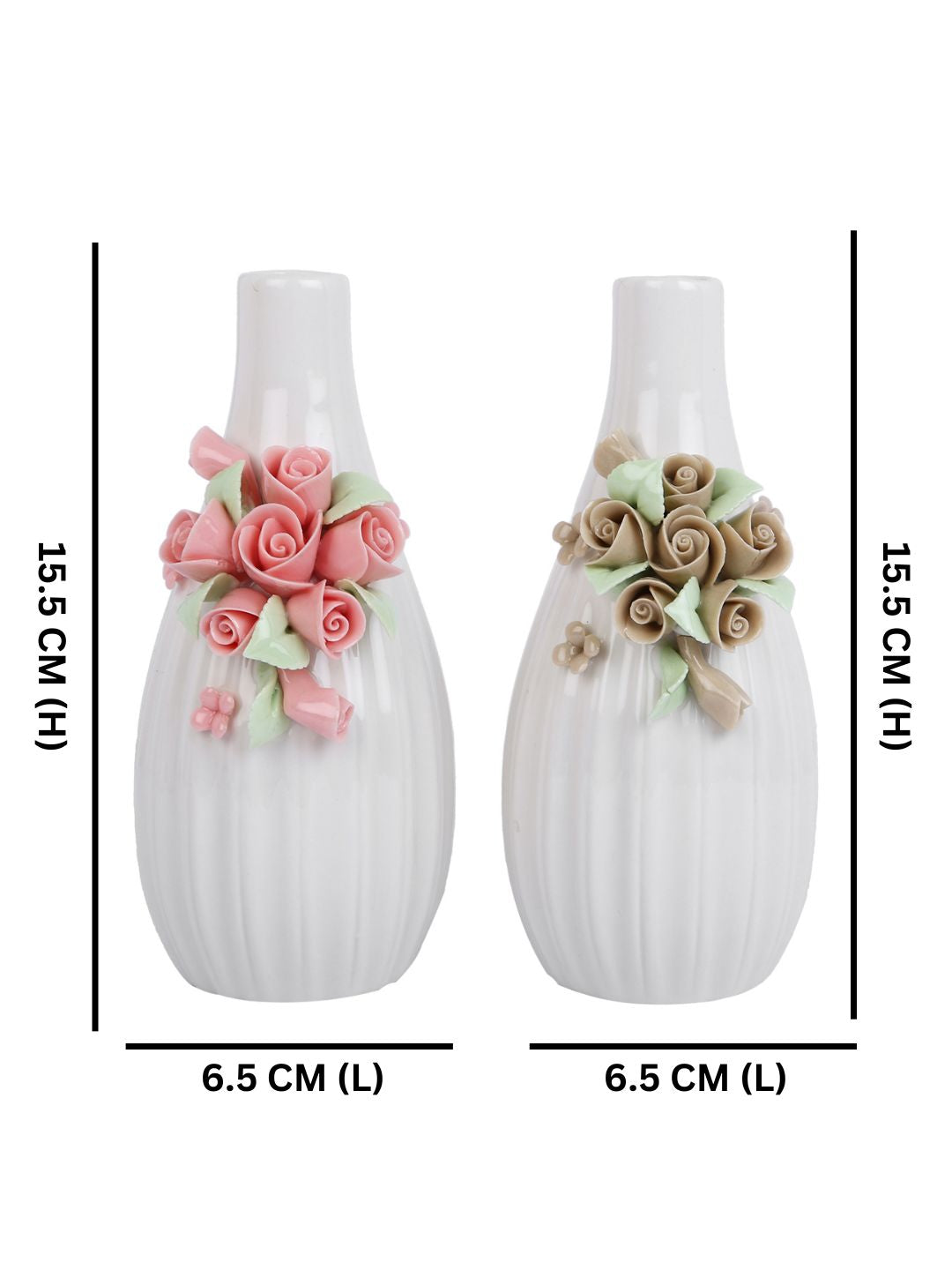 2 Pieces White & Beige Textured Ceramic Flower Vases
