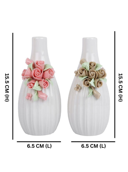 2 Pieces White & Beige Textured Ceramic Flower Vases