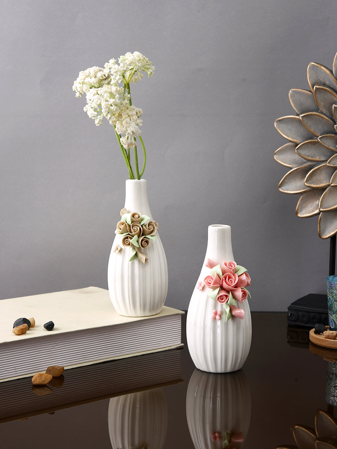 2 Pieces White & Beige Textured Ceramic Flower Vases