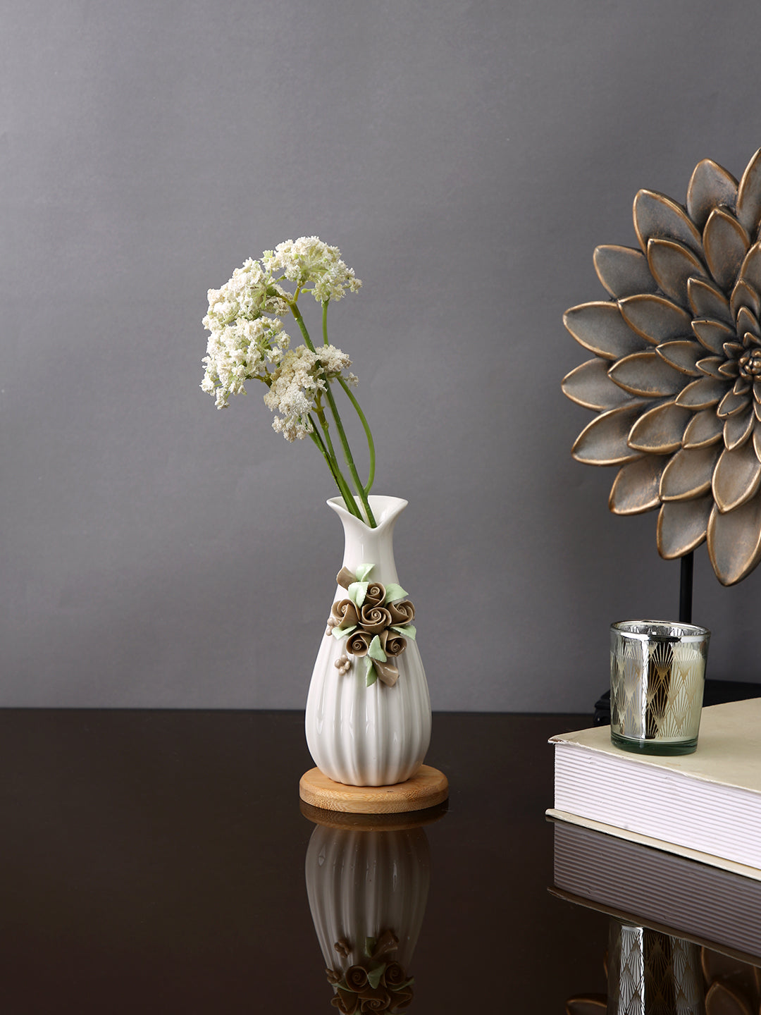 White & Beige Bloom Flared Textured Ceramic Flower Vase