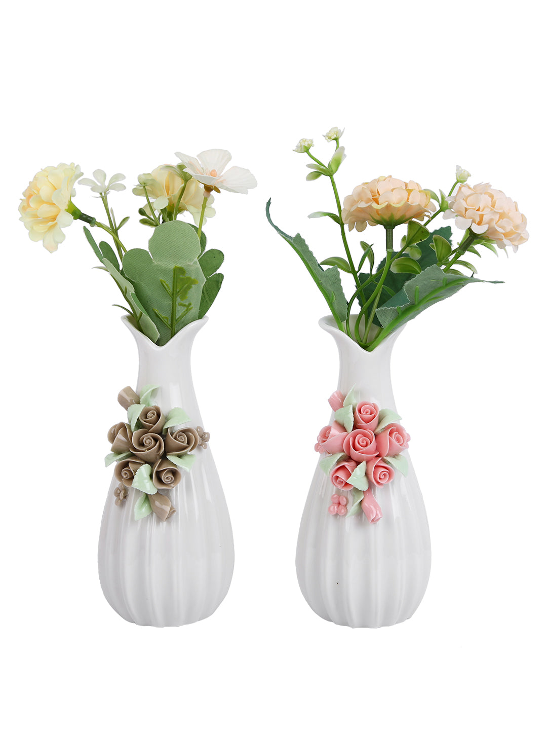 White & Beige 2 Pieces Textured Ceramic Bloom Flower Vases