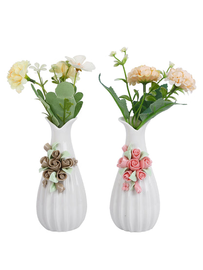 White & Beige 2 Pieces Textured Ceramic Bloom Flower Vases