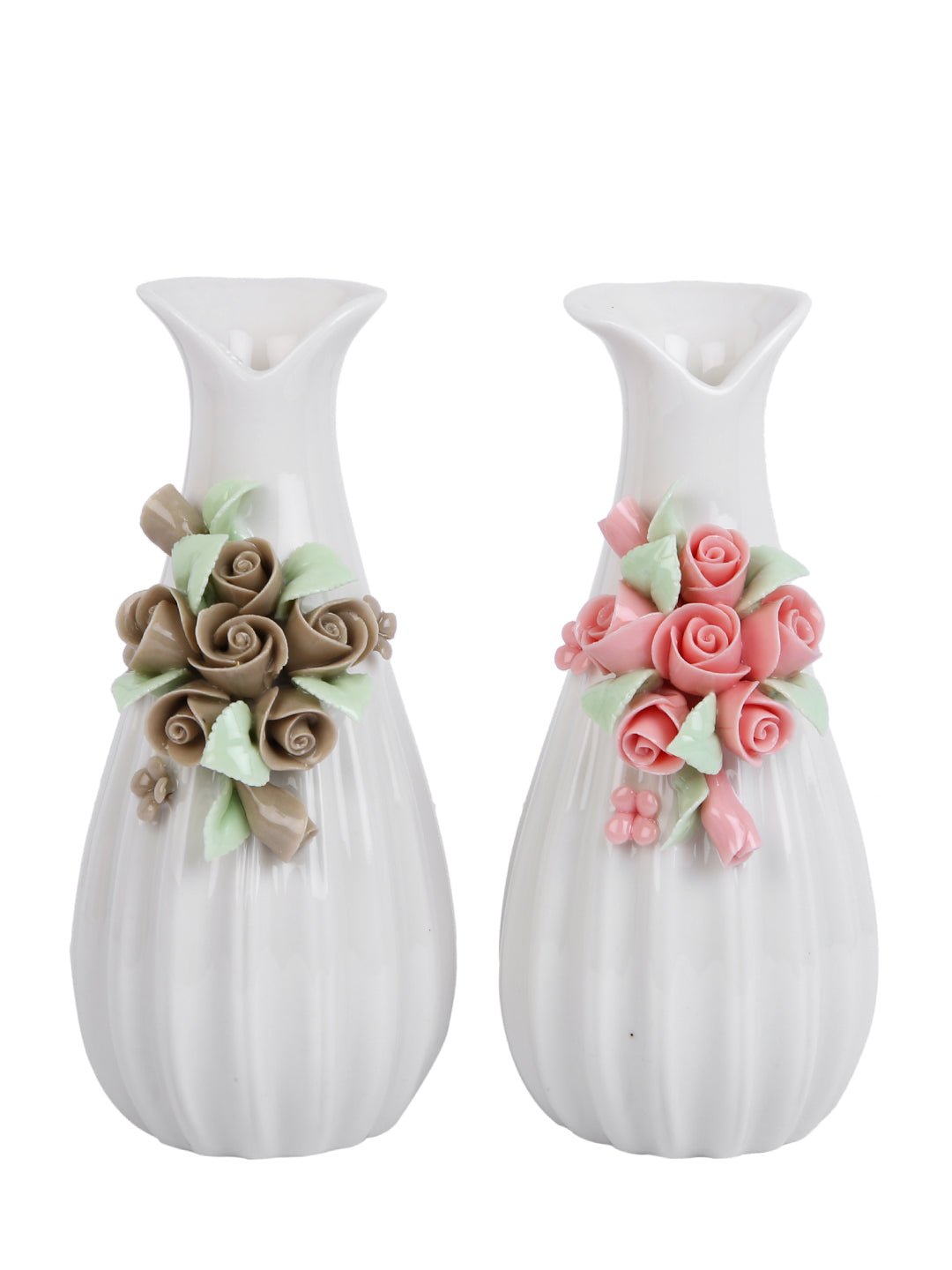 White & Beige 2 Pieces Textured Ceramic Bloom Flower Vases