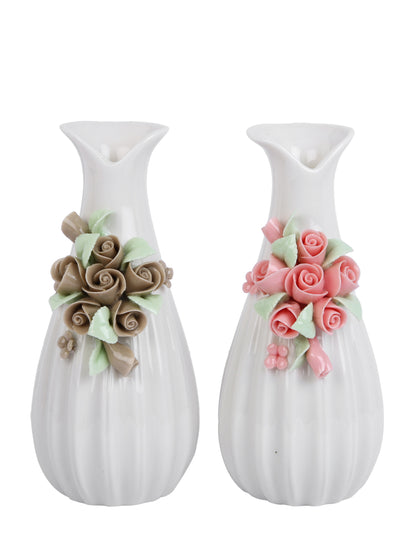 White & Beige 2 Pieces Textured Ceramic Bloom Flower Vases
