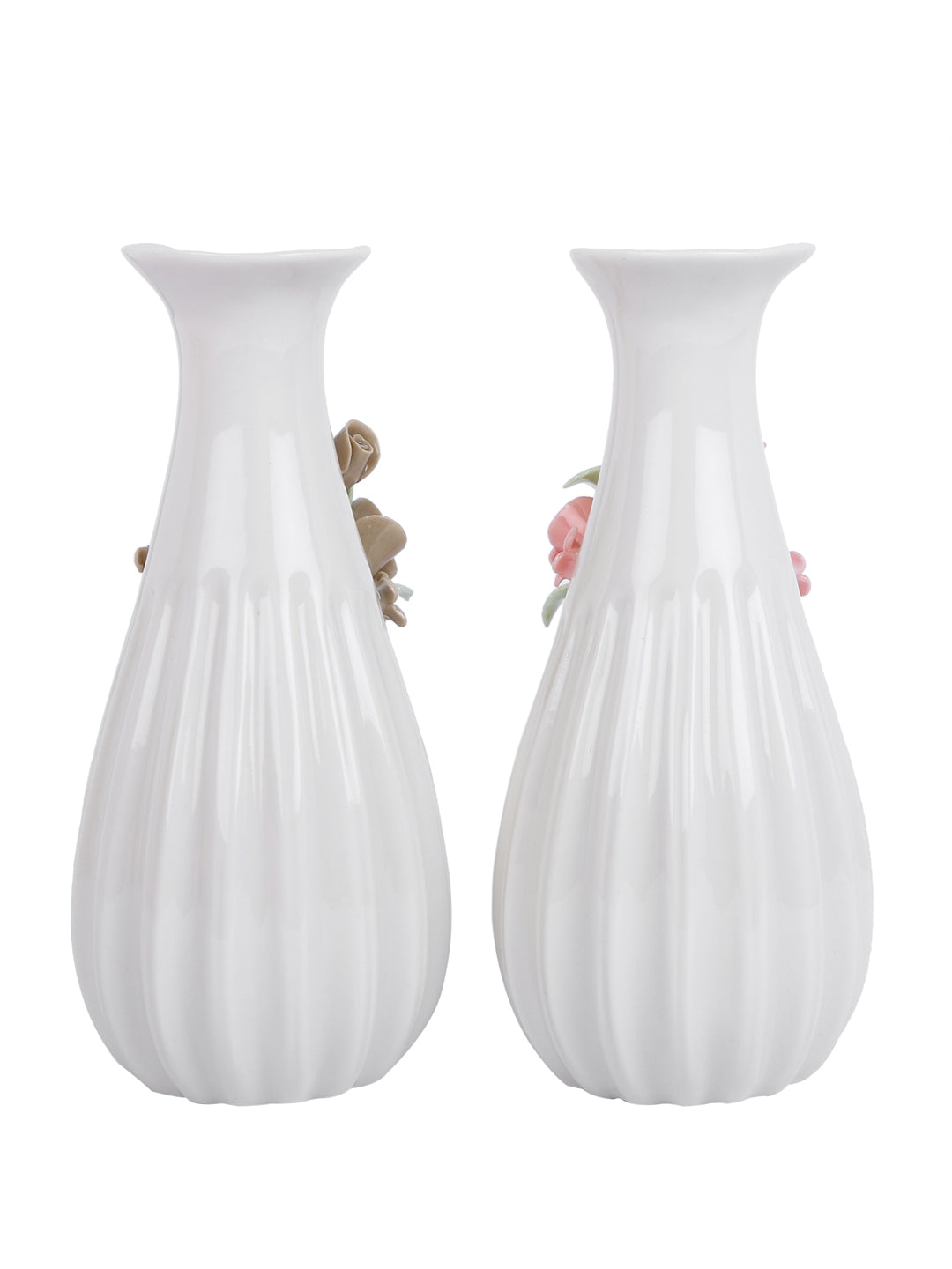 White & Beige 2 Pieces Textured Ceramic Bloom Flower Vases