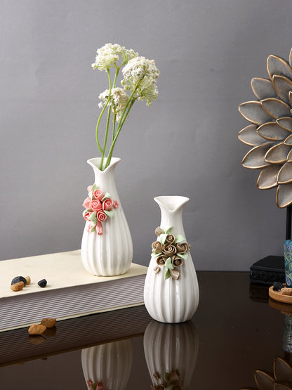 White & Beige 2 Pieces Textured Ceramic Bloom Flower Vases
