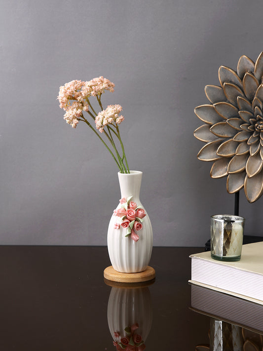 White & Pink Textured Ceramic Floral Rounded Flower Vase