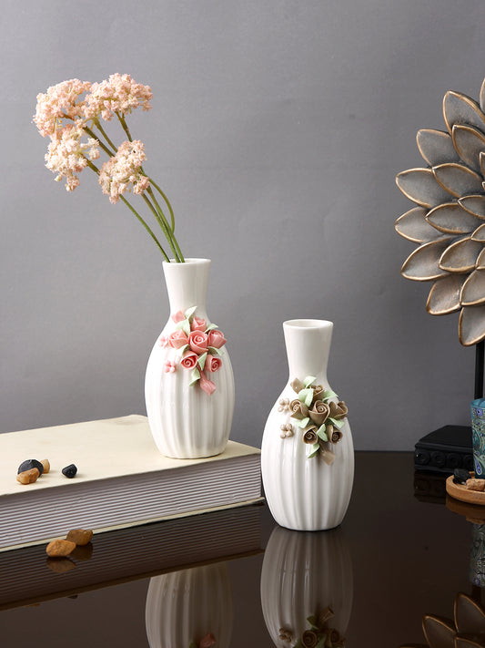 White & Beige 2 Pieces Textured Ceramic Flower Vases