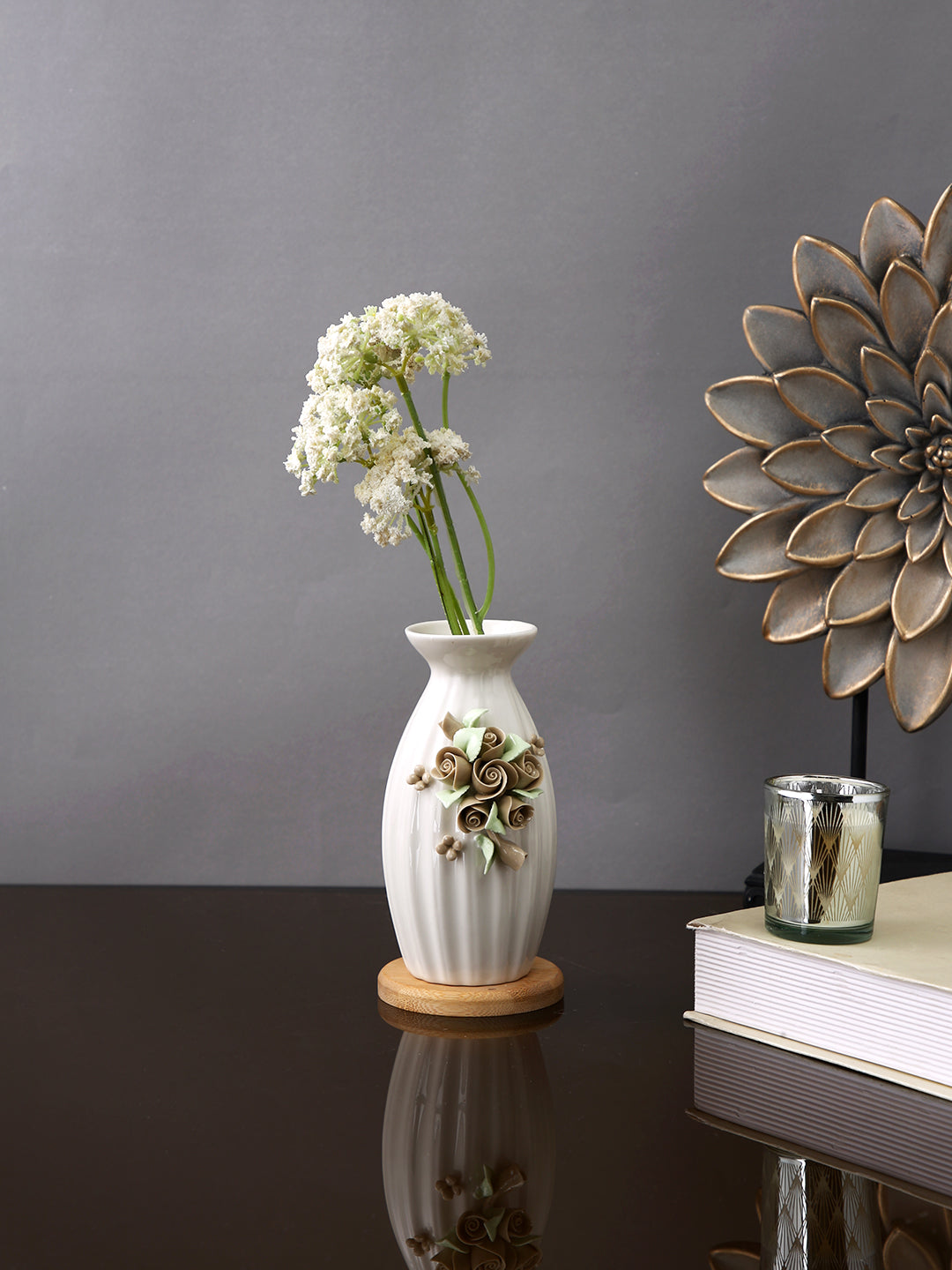 White & Beige Textured Ceramic Bloom Wide Mouth Flower Vase