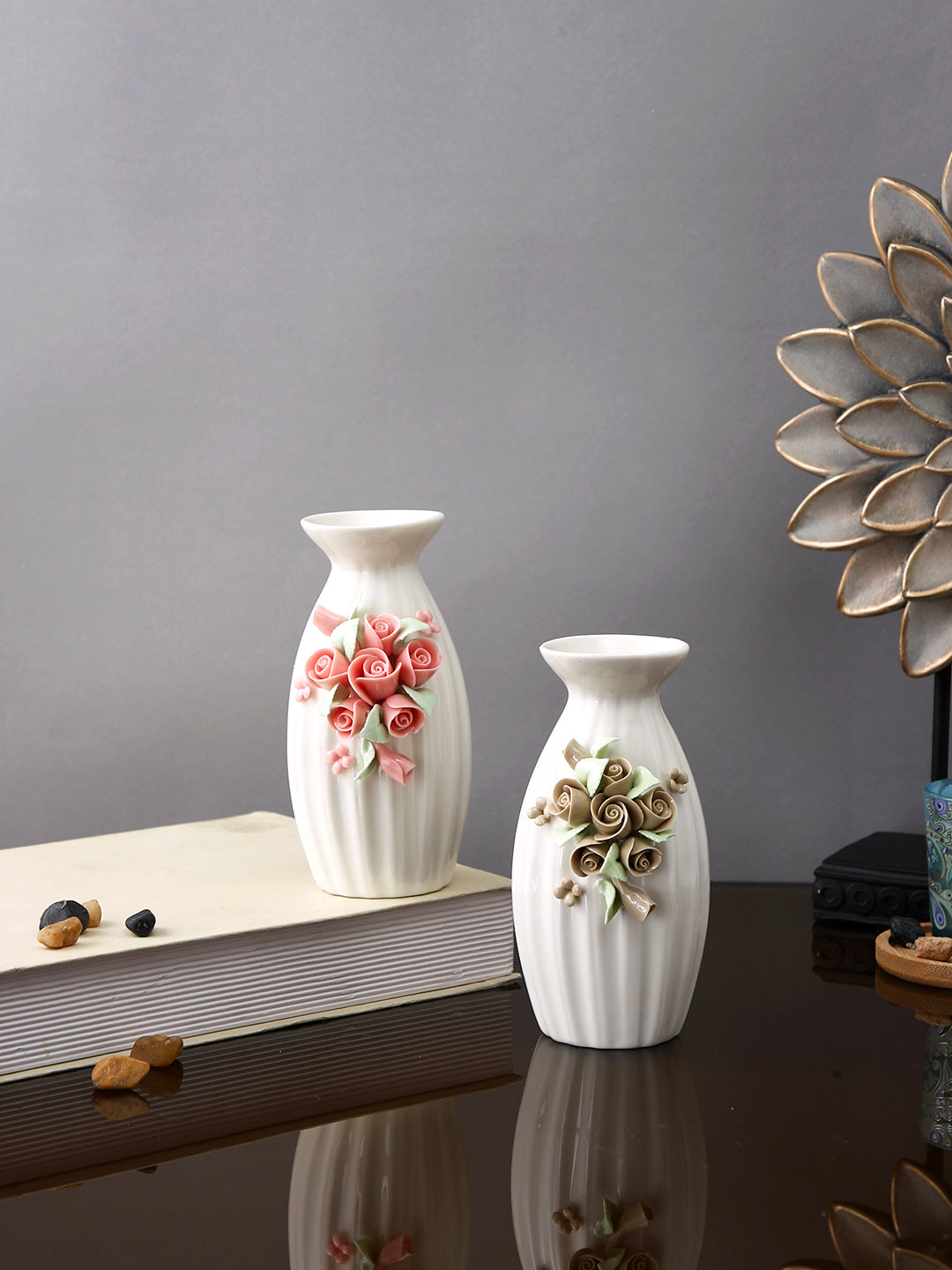 White & Pink 2 Pieces Blossom Textured Ceramic Flower Vases