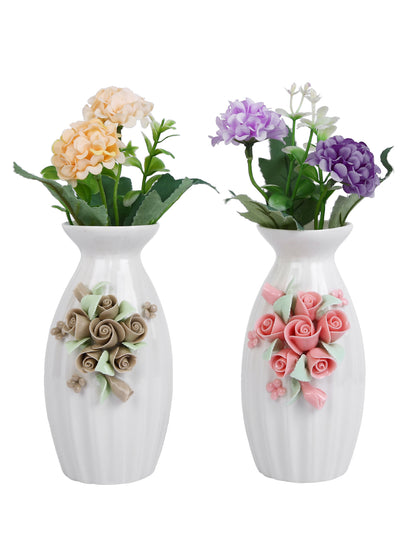 White & Pink 2 Pieces Blossom Textured Ceramic Flower Vases