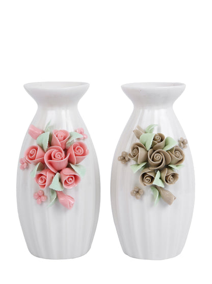 White & Pink 2 Pieces Blossom Textured Ceramic Flower Vases
