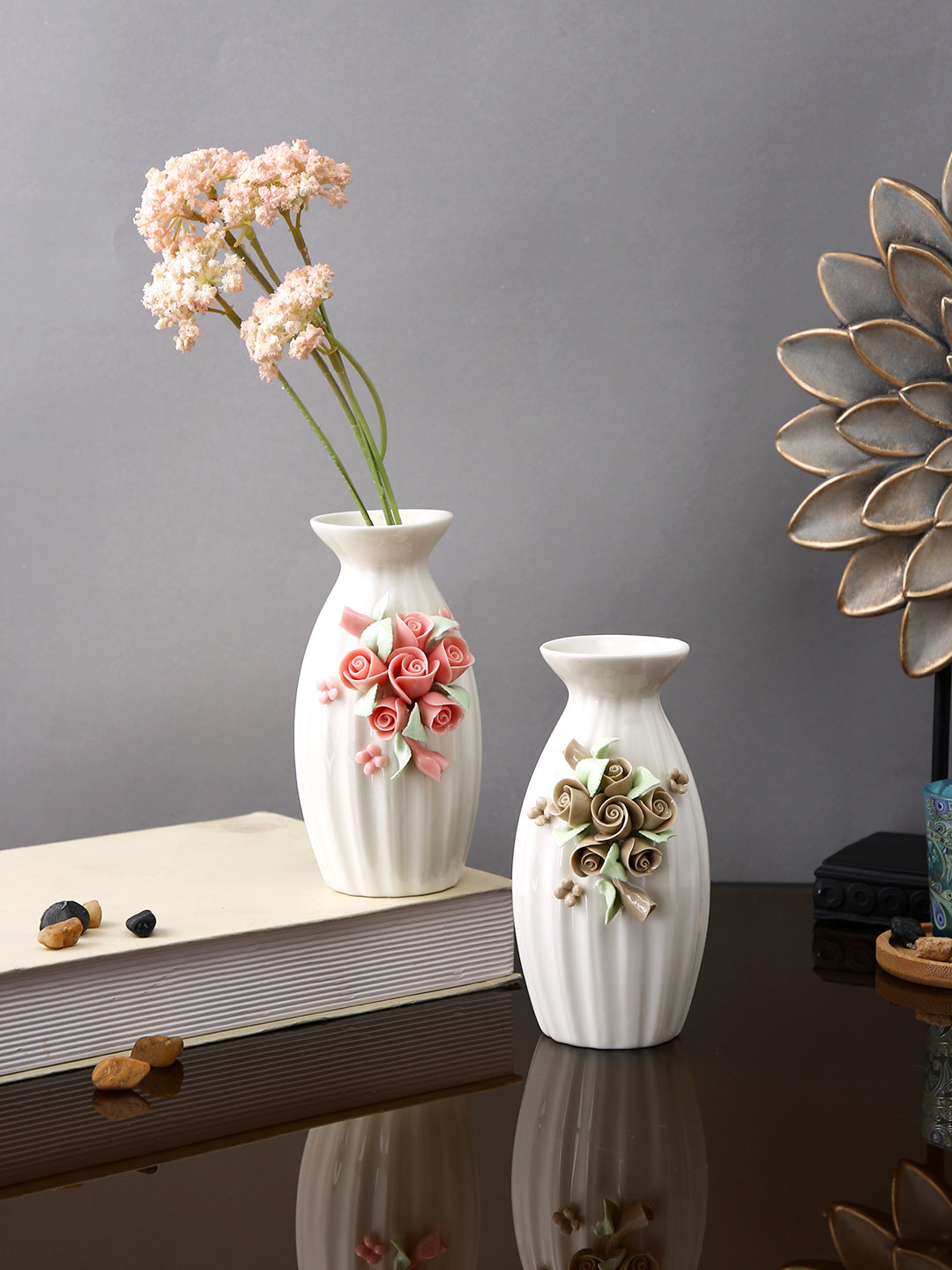 White & Pink 2 Pieces Blossom Textured Ceramic Flower Vases