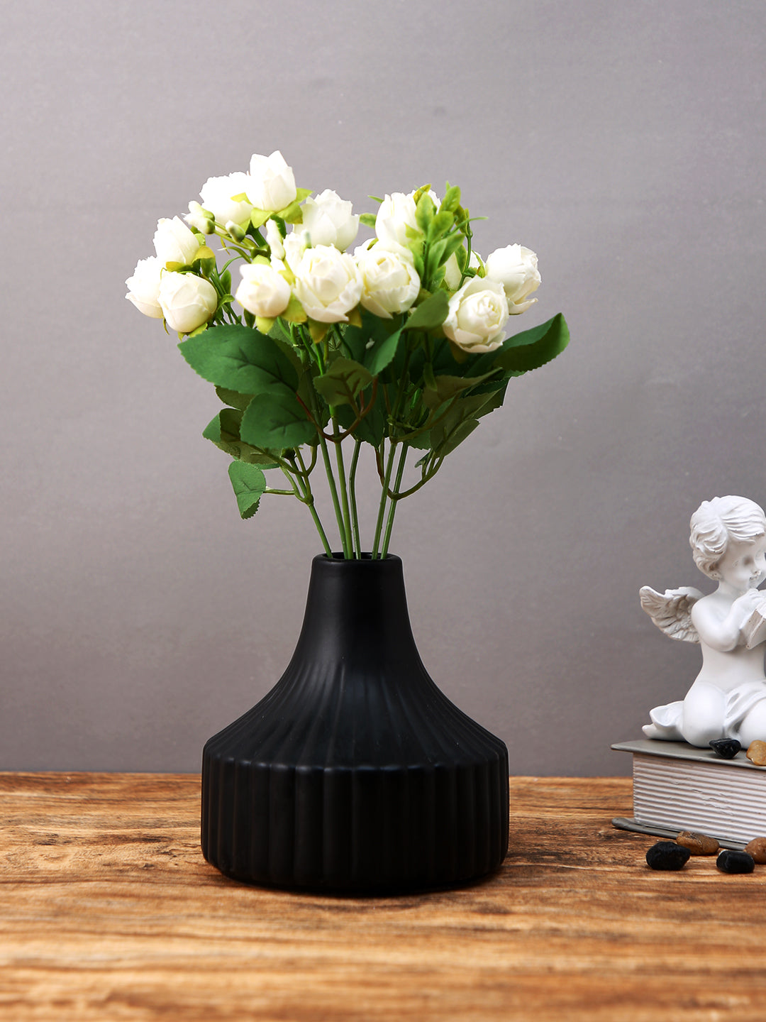 Black Ribbed Ceramic Flower Vase