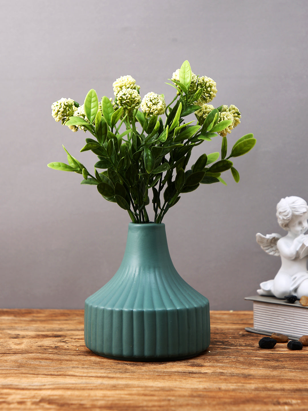 Green Ribbed Ceramic Flower Vase