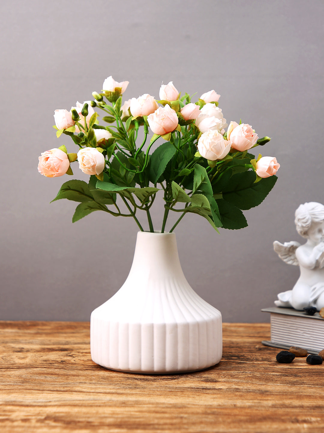 White Ribbed Textured Ceramic Flower Vase
