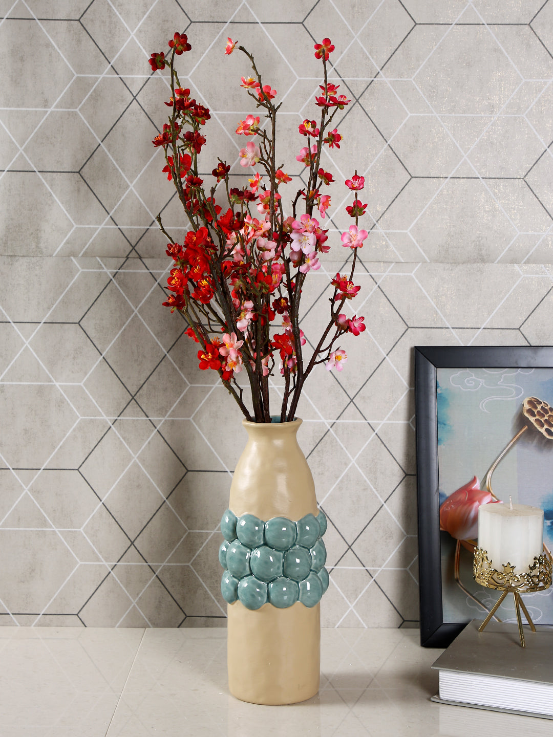 Beige & Teal Blue Textured Ceramic Flower Vase