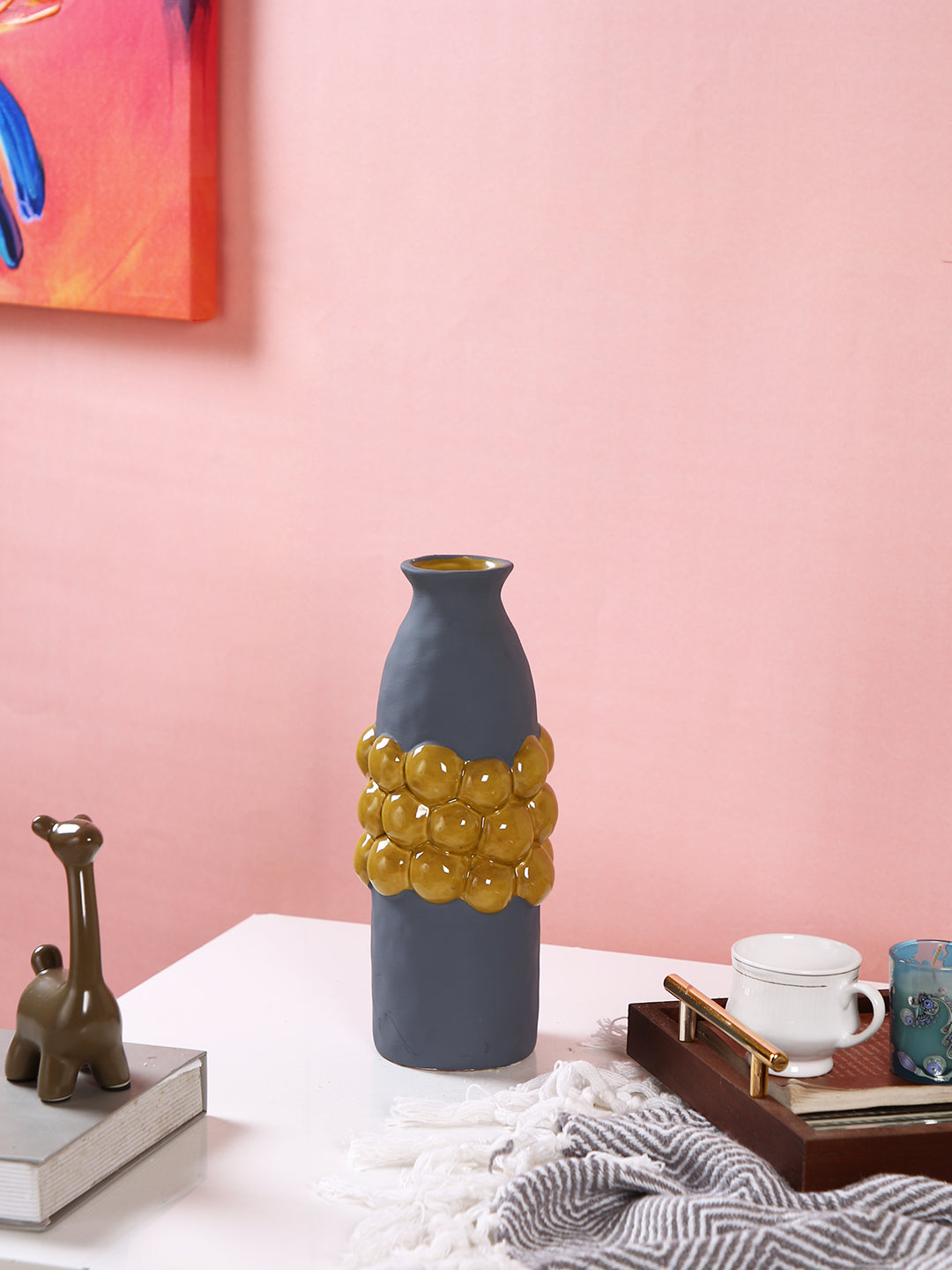 Blue & Mustard Textured Ceramic Flower Vase