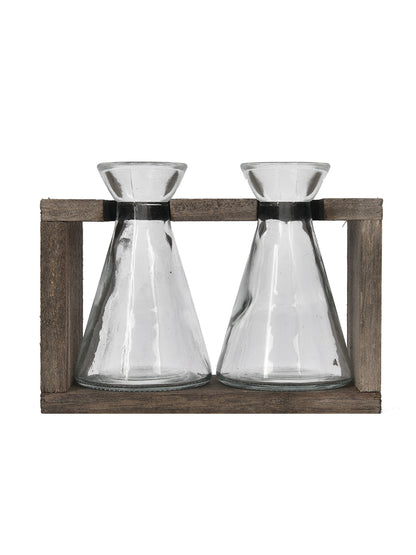 Tranquil Glass Double Vase with Wooden Stand