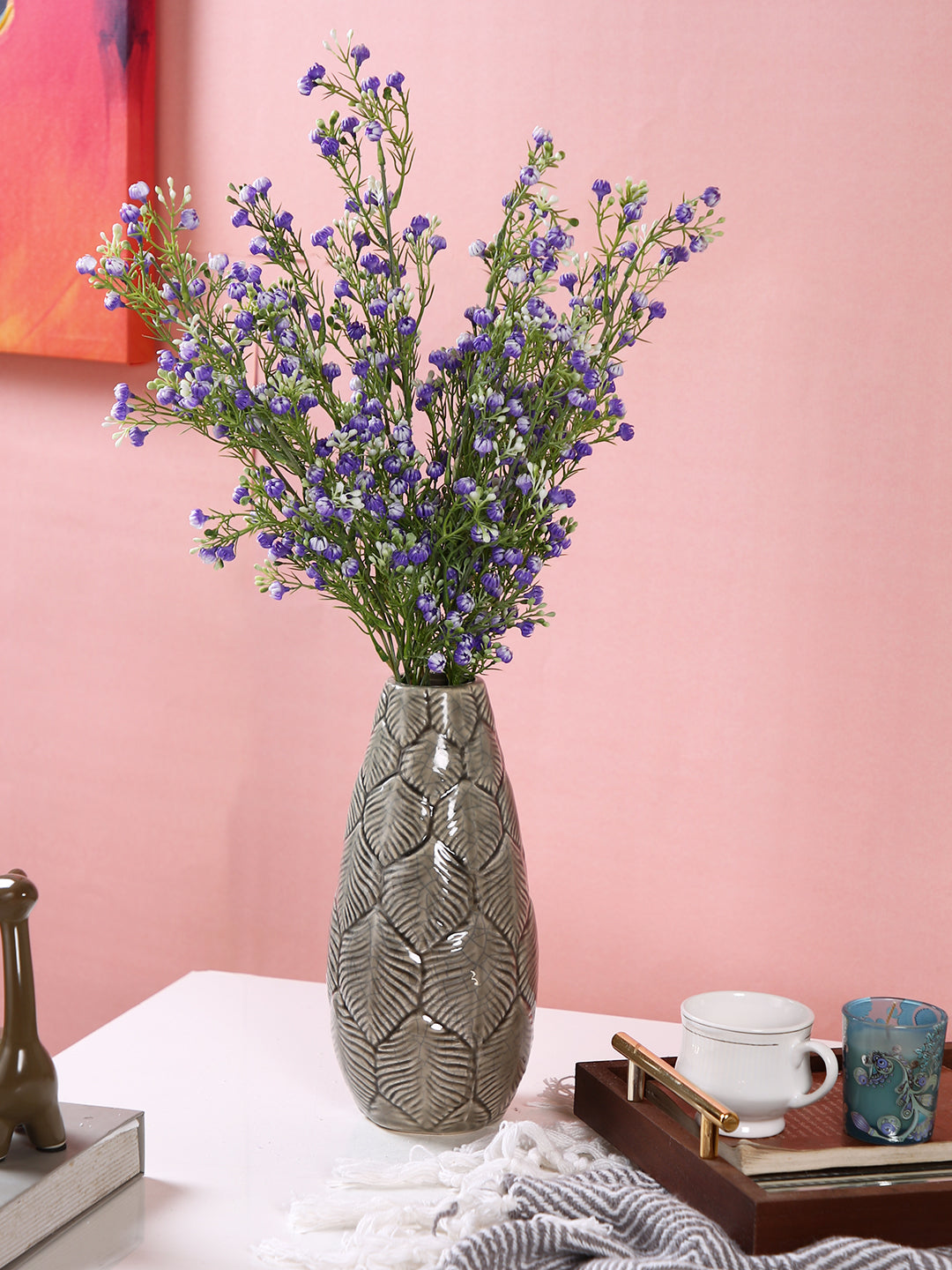Grey Leaf Carved Concrete Textured Ceramic Flower Vase