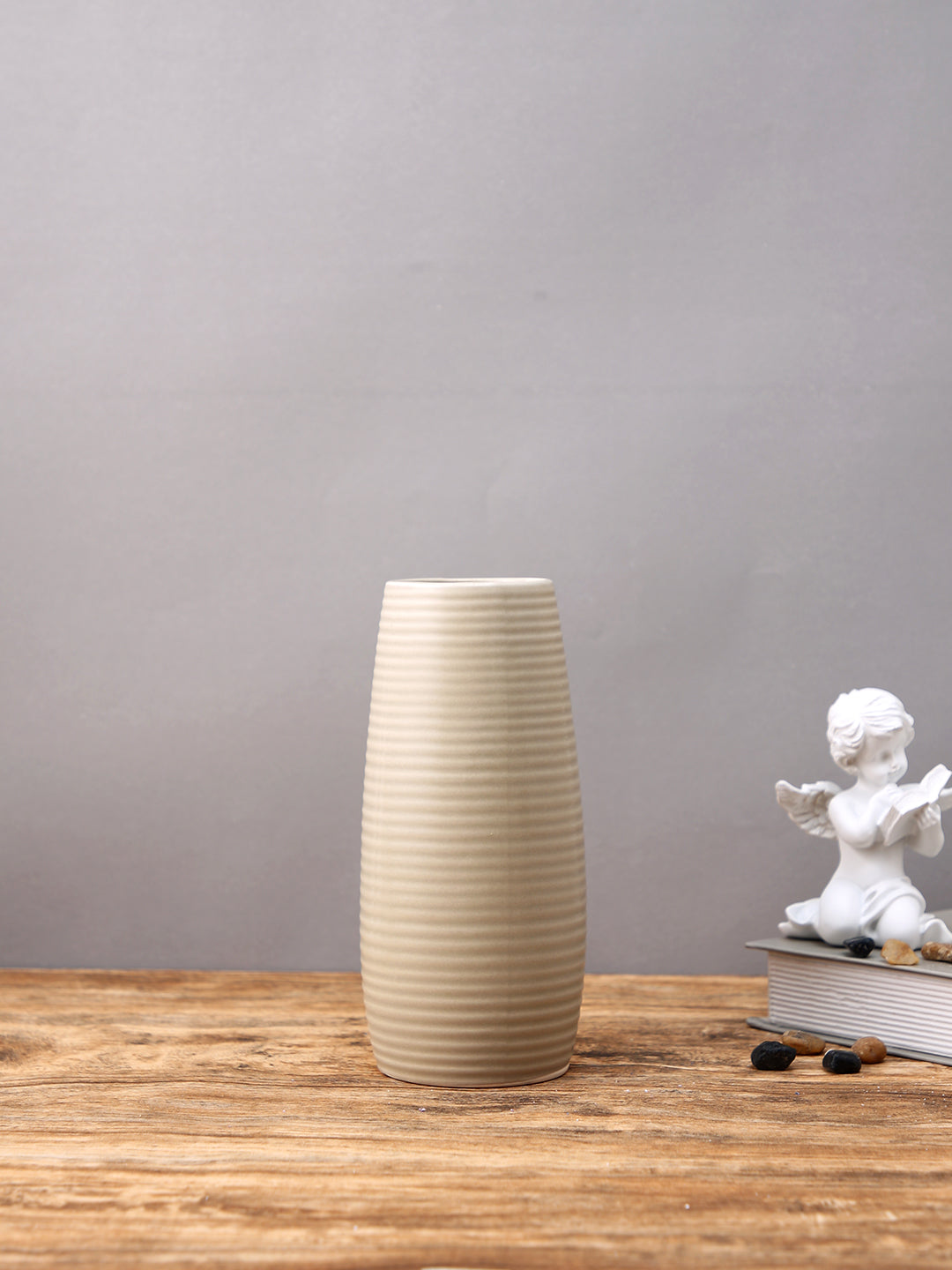 Beige Ribbed Ceramic Flower Vase