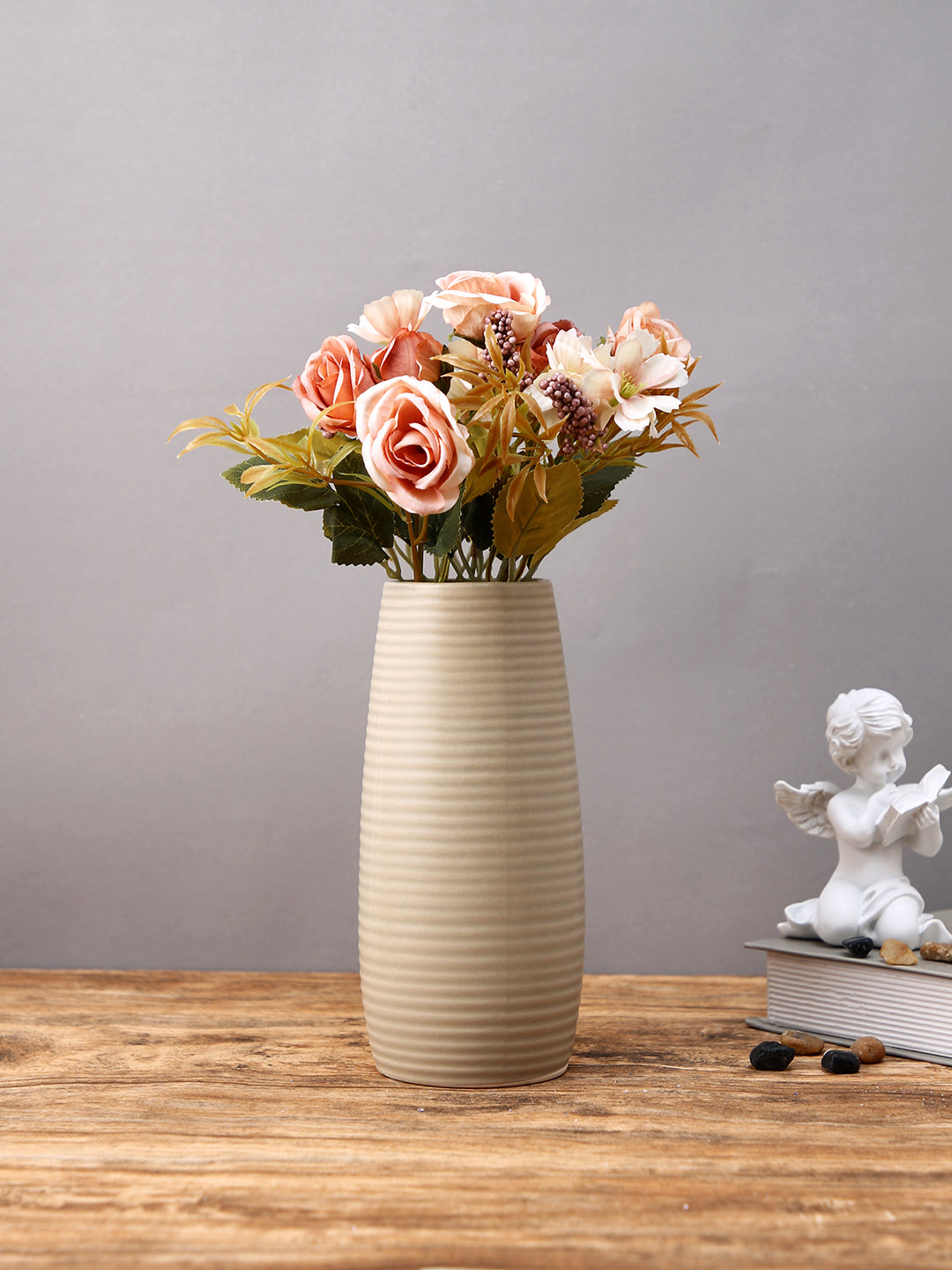 Beige Ribbed Ceramic Flower Vase