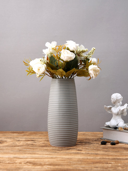 Grey Ribbed Ceramic Flower Vase
