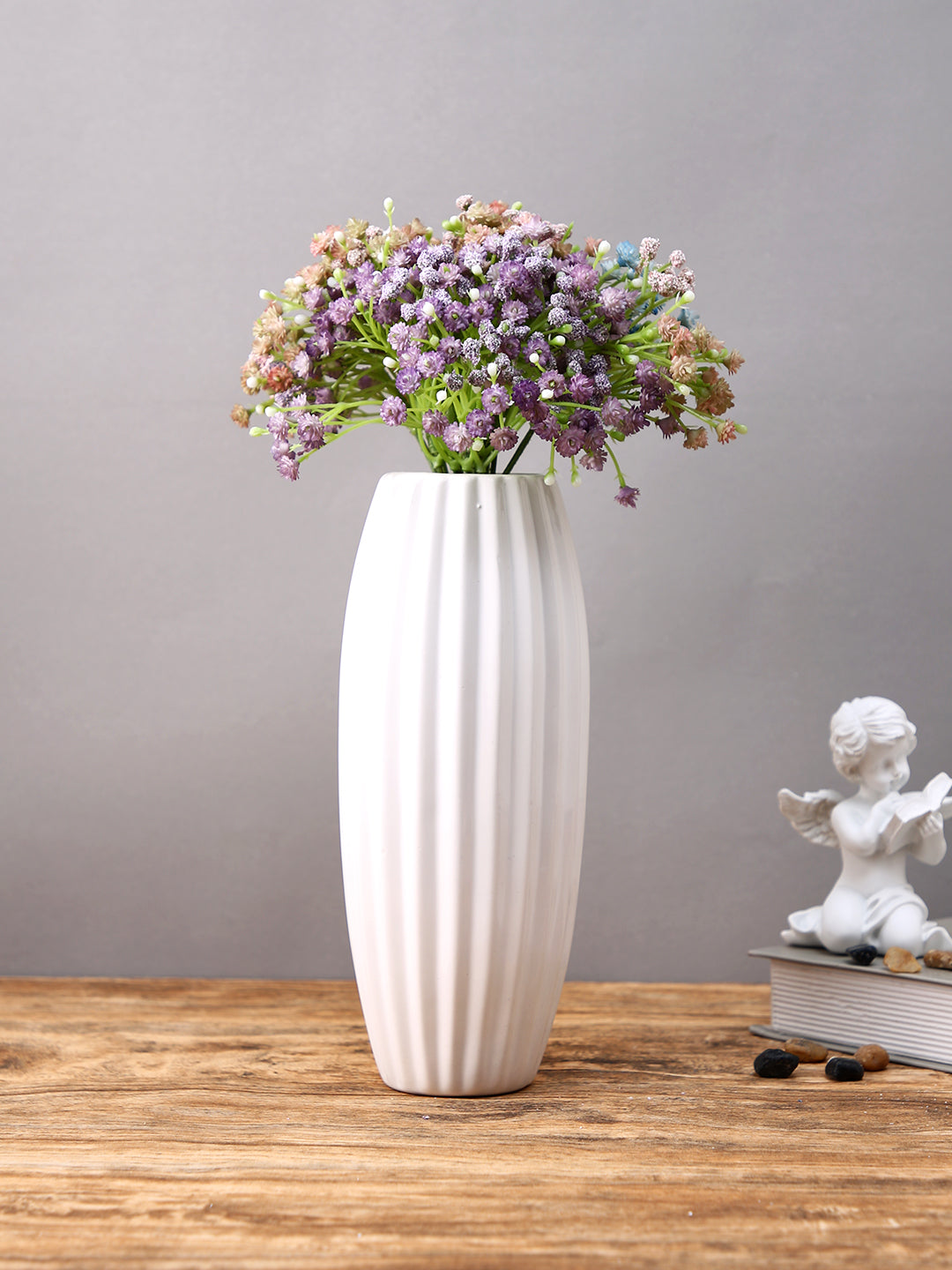 White Textured Fluted Ceramic Flower Vase