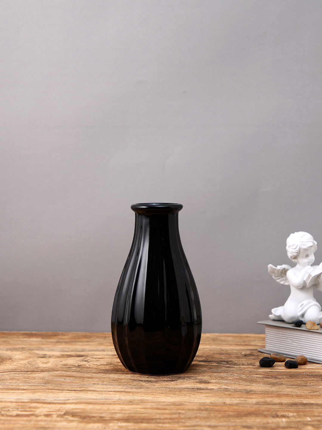 Black Textured Glossy Ceramic Flower Vase