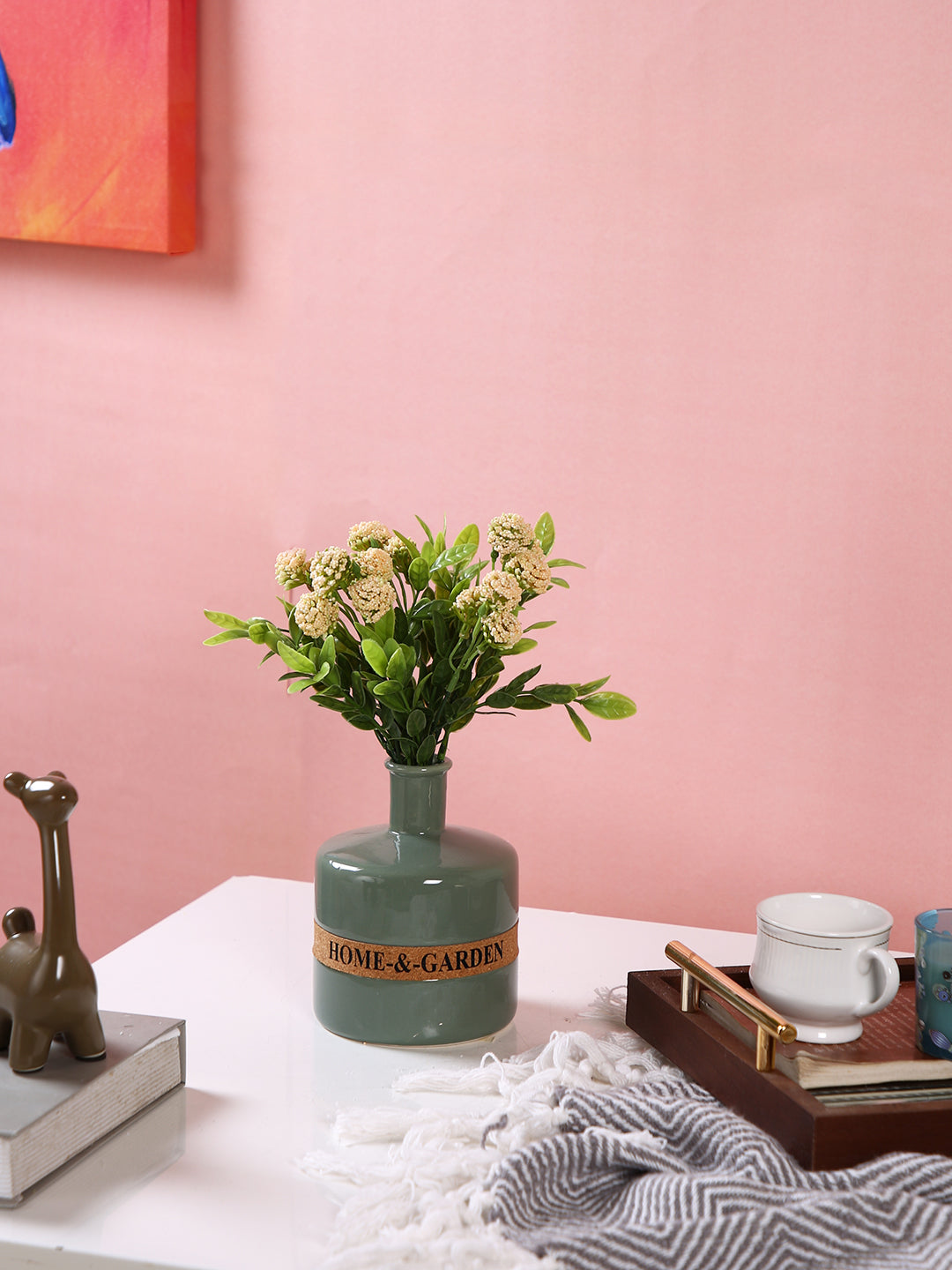 Green & Gold-Toned Ceramic Flower Vase With Band