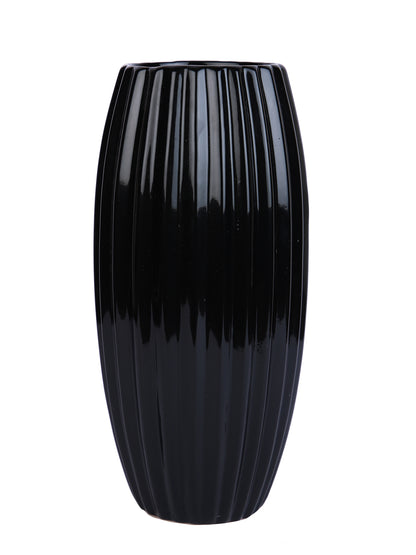 Black Glossy Ribbed Ceramic Flower Vase