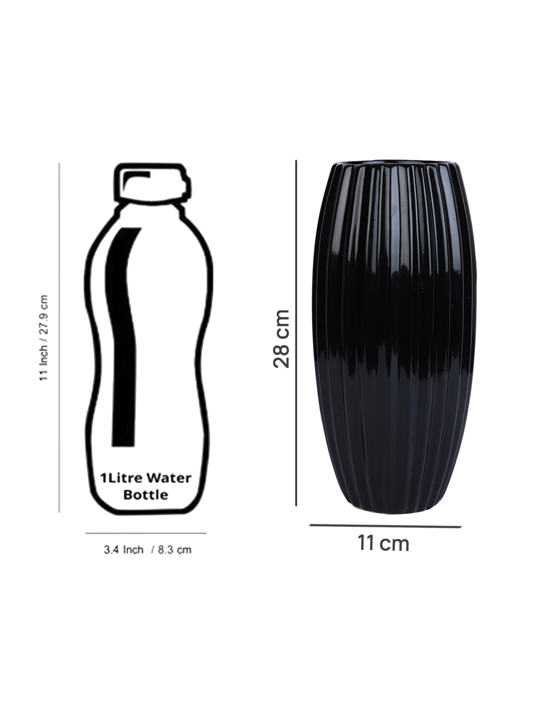 Black Glossy Ribbed Ceramic Flower Vase
