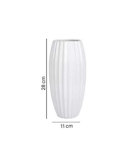 White Glossy Ribbed Ceramic Flower Vase