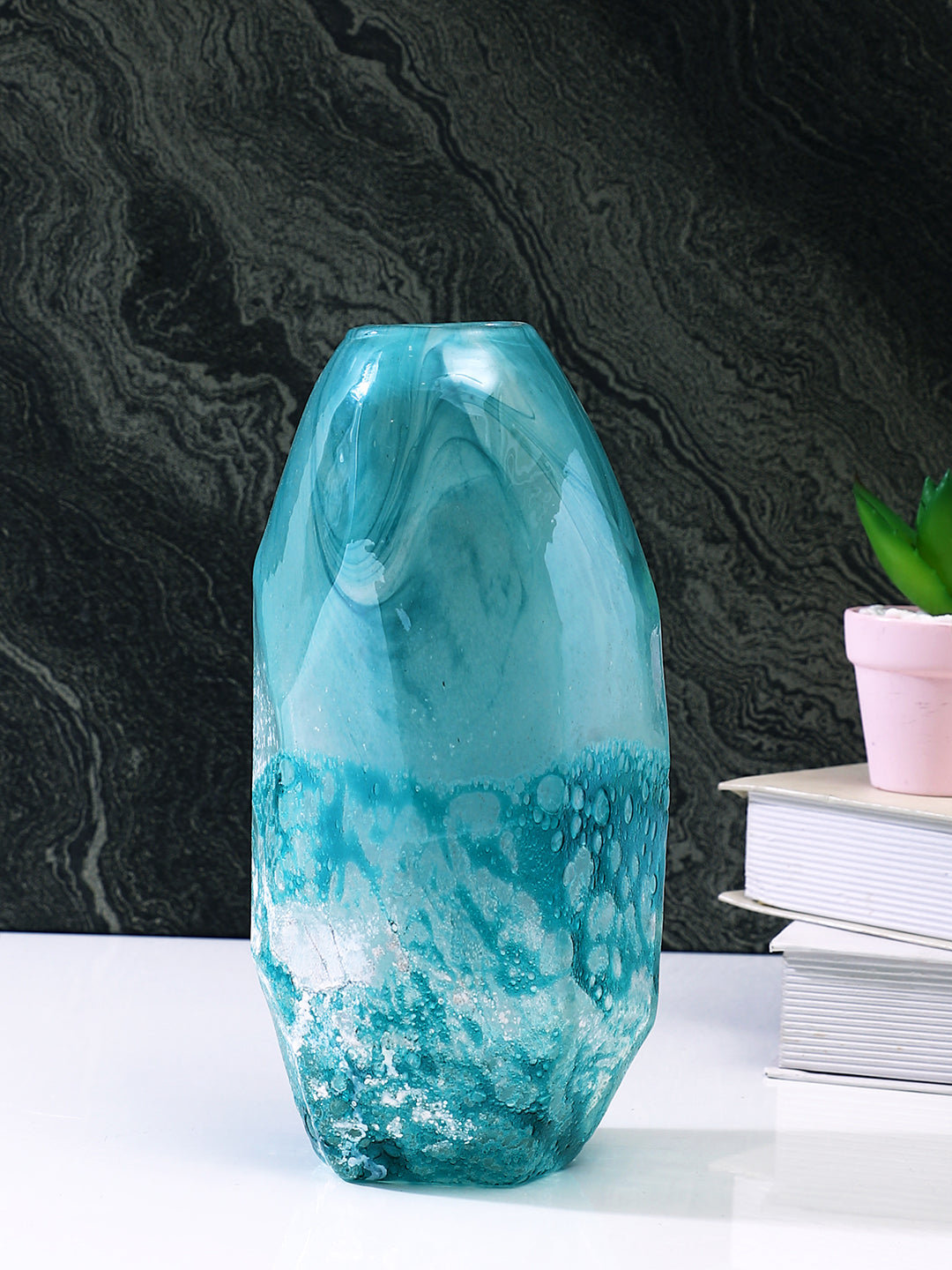 Blue & White Speckled Glass Flower Vase