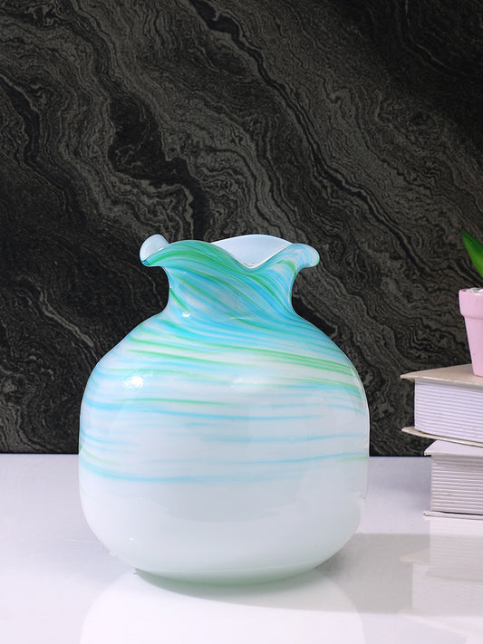 White & Blue Printed Glass Flower Vase