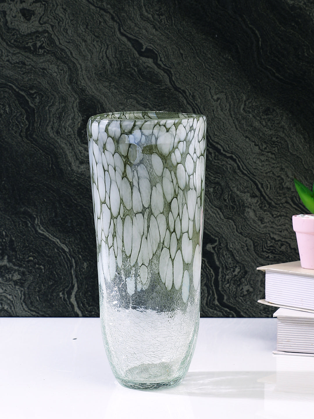 Green & White Speckled Glass Flower Vase