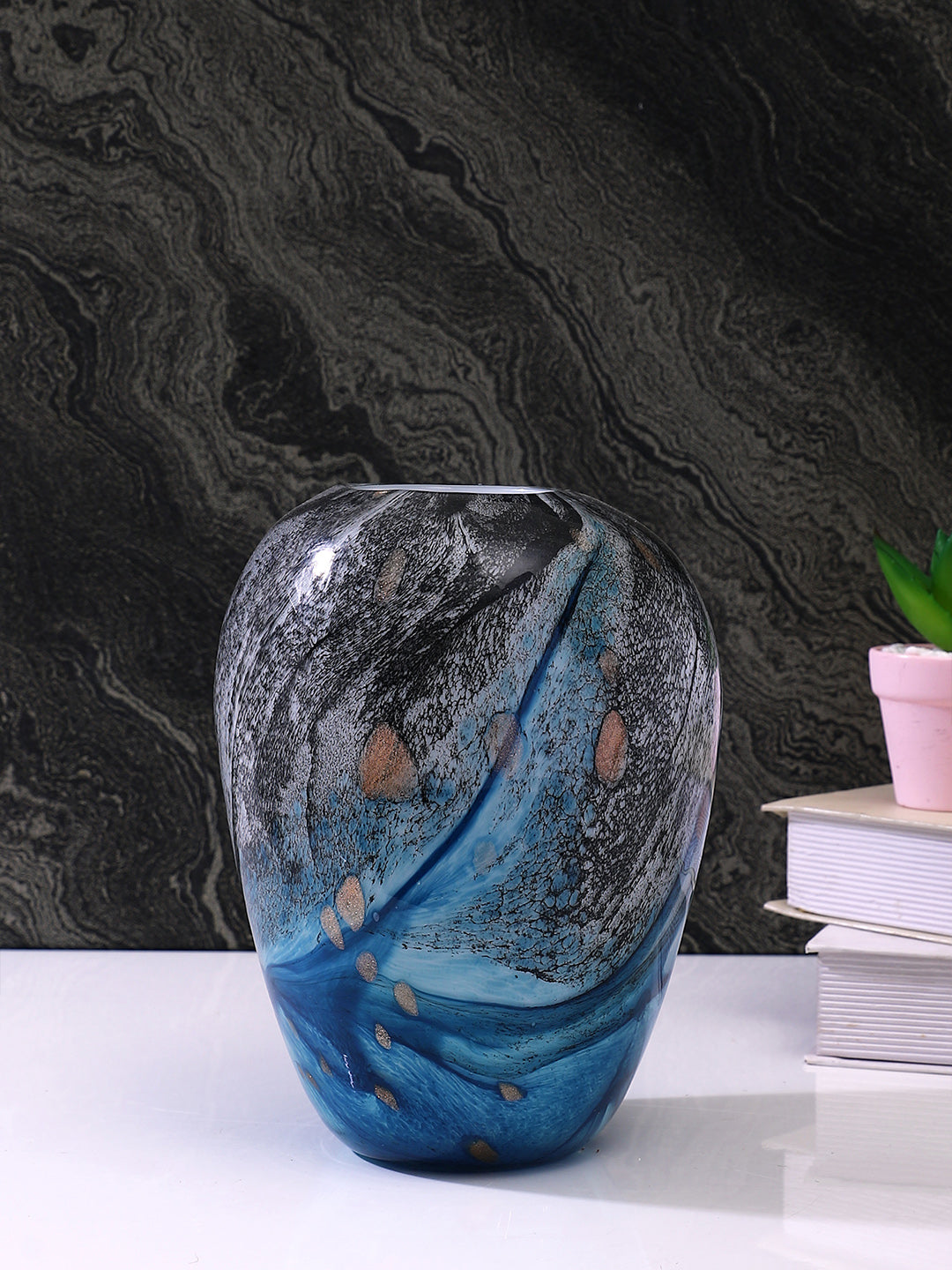 Blue & Black Printed Swirl Glass Flower Vase