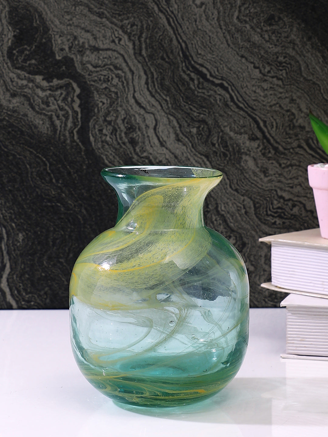 Green & Yellow Printed Glass Flower Vase