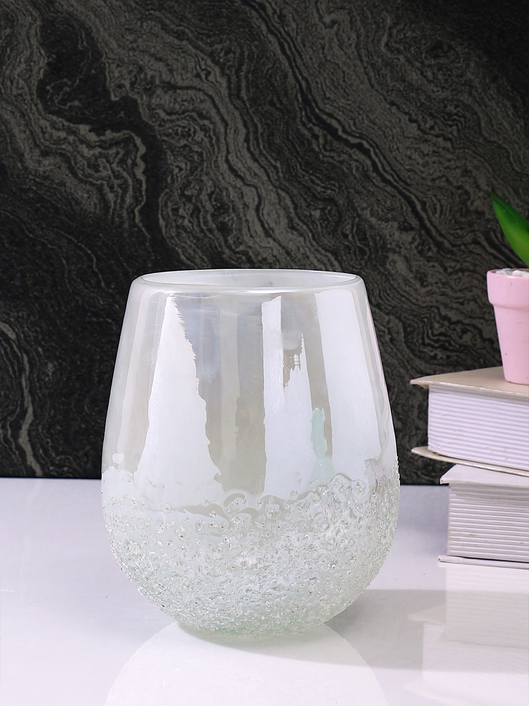 White & Beige Textured Glass Flower Vase