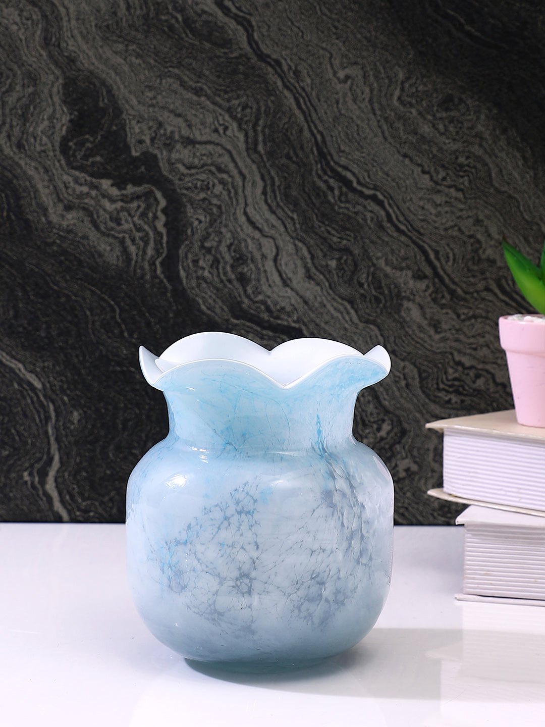 Blue & White Ruffled Glass Flower Vase