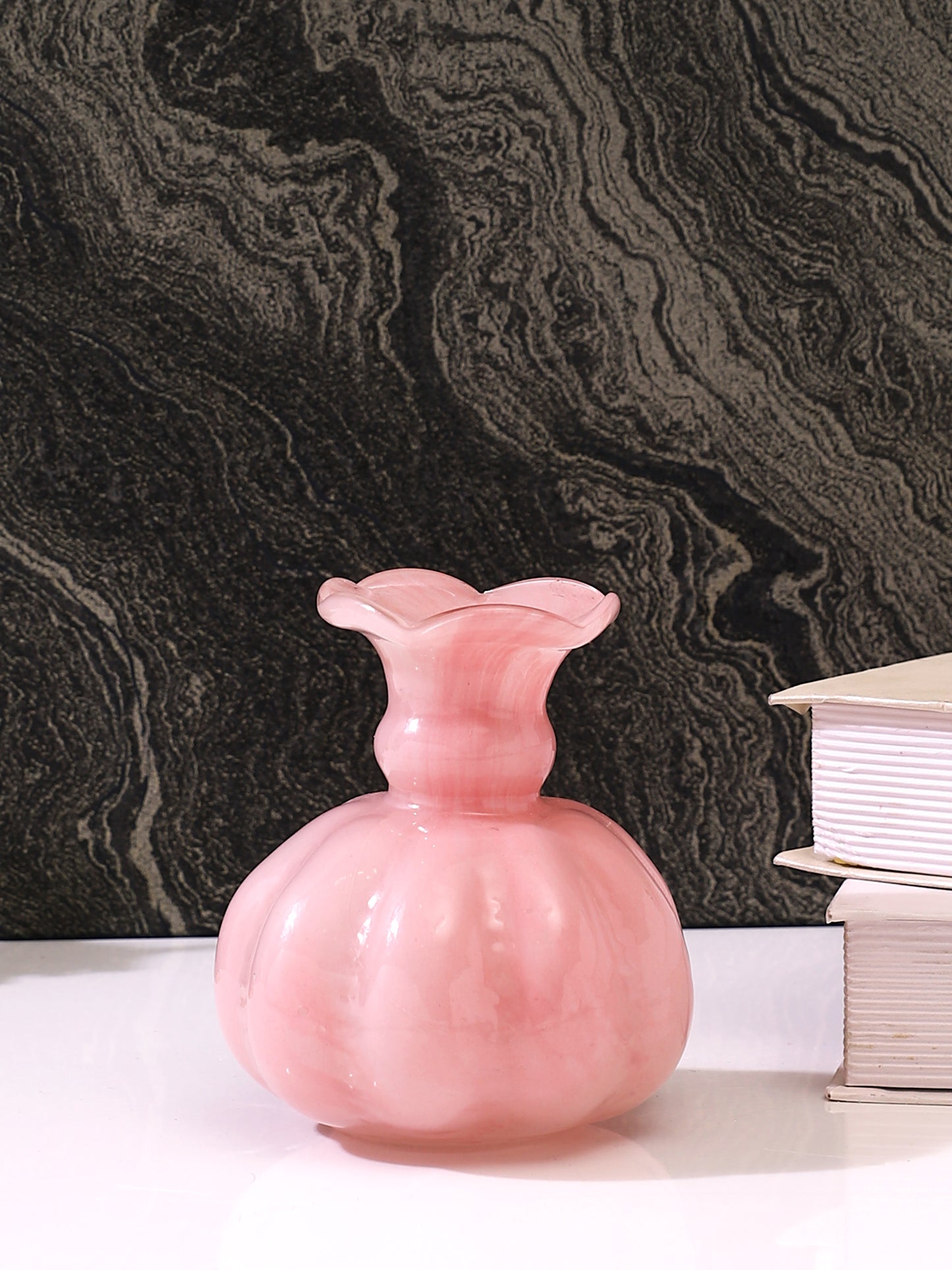 Peach-Coloured & White Ruffled Glass Flower Vase