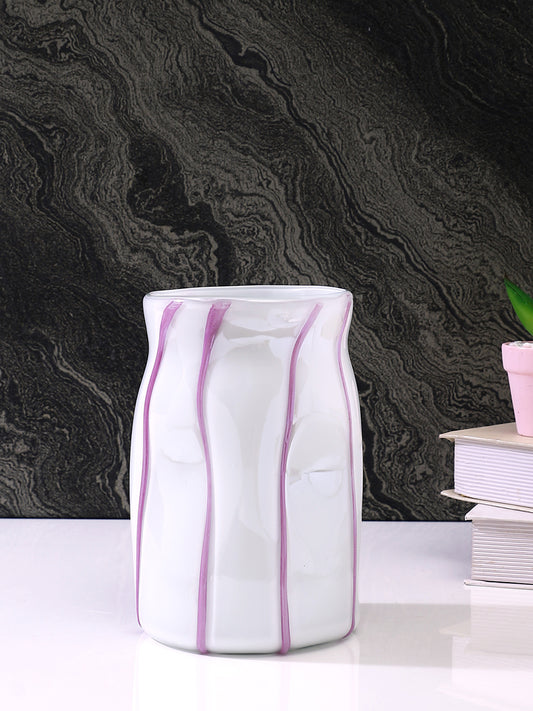White & Purple Striped Glass Flower Vase
