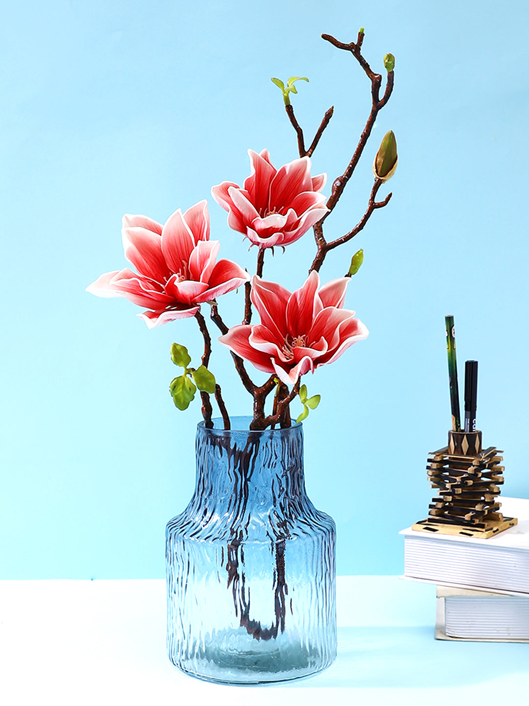 Blue Ripple Textured Glass Flower Vase