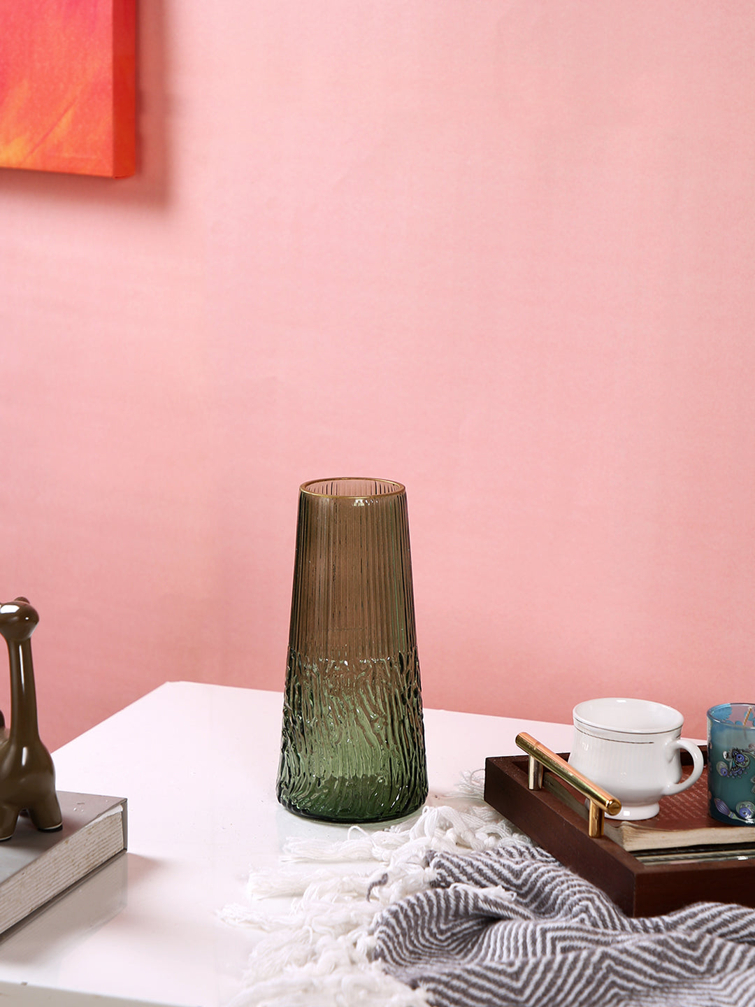 Mosswood Ripple Olive-Green Textured Glass Flower Vase