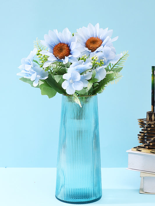 Celeste Skyline Blue Striped Glass Flower Vase