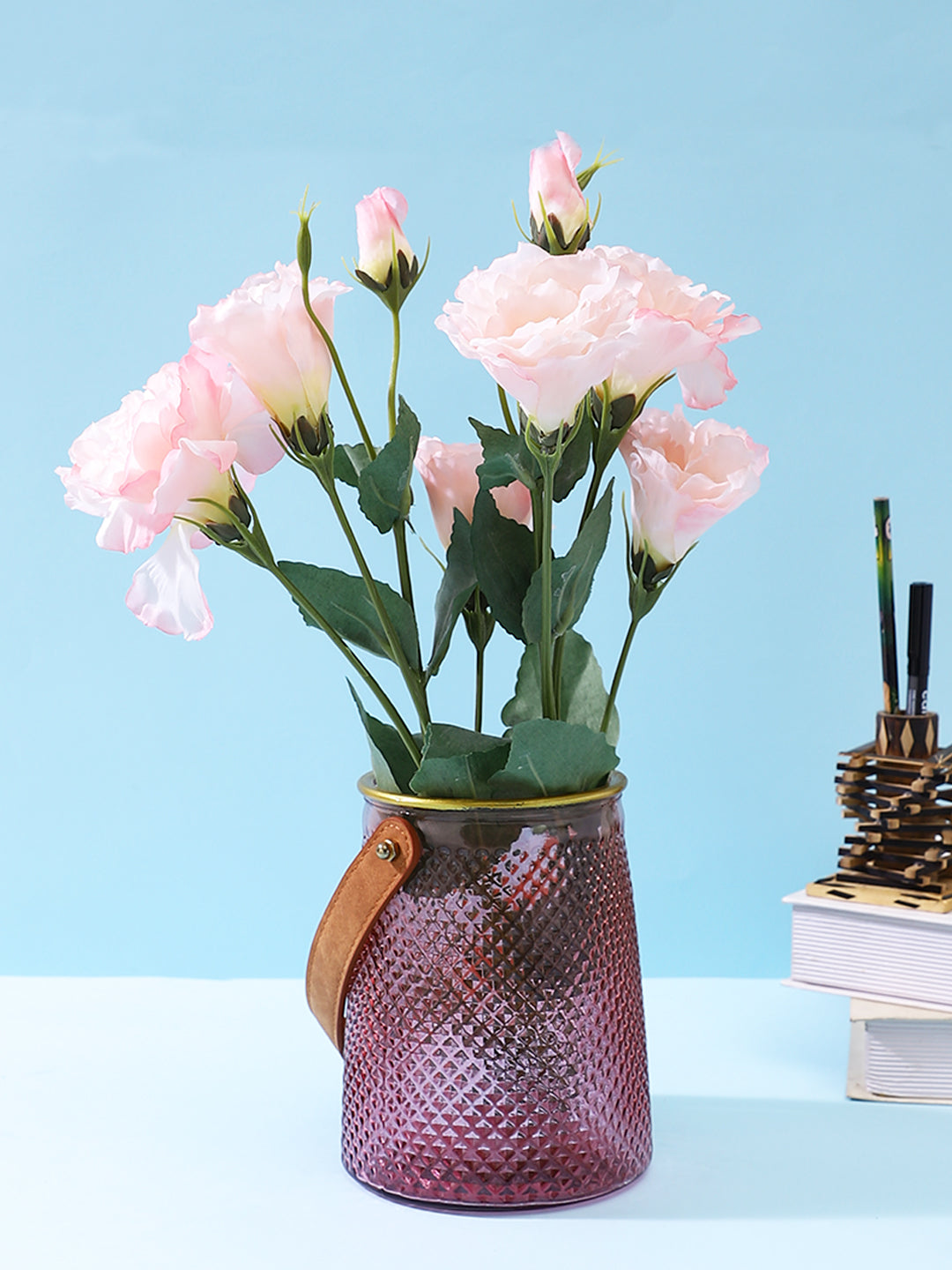 Pink & Brown Woven Textured Glass Lantern Flower Vase With Handle